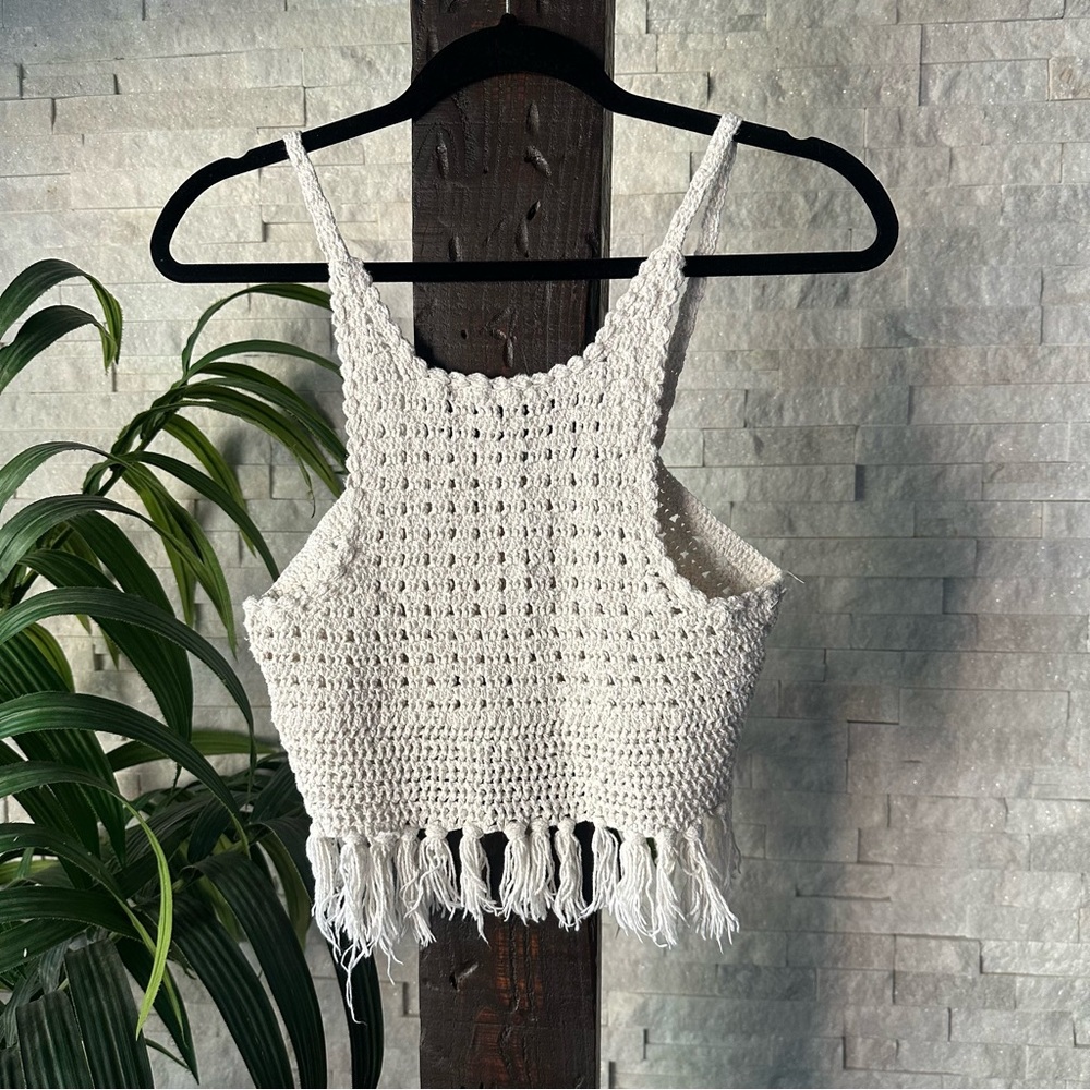 Zara Crochet Tassel Fringe Crop Boho Cotton Top Size S
